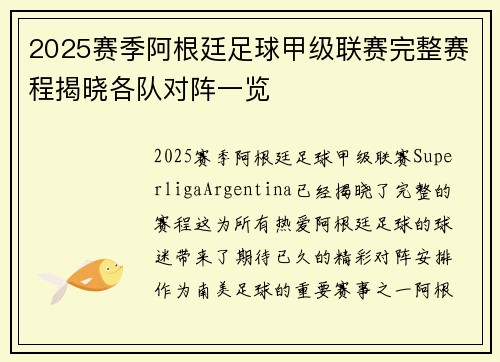 2025赛季阿根廷足球甲级联赛完整赛程揭晓各队对阵一览