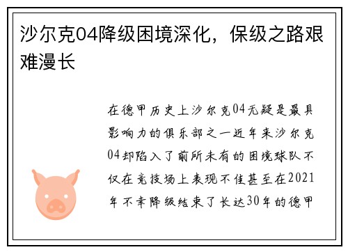 沙尔克04降级困境深化，保级之路艰难漫长