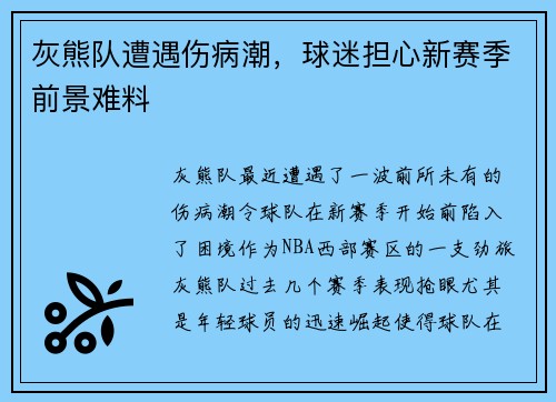 灰熊队遭遇伤病潮，球迷担心新赛季前景难料